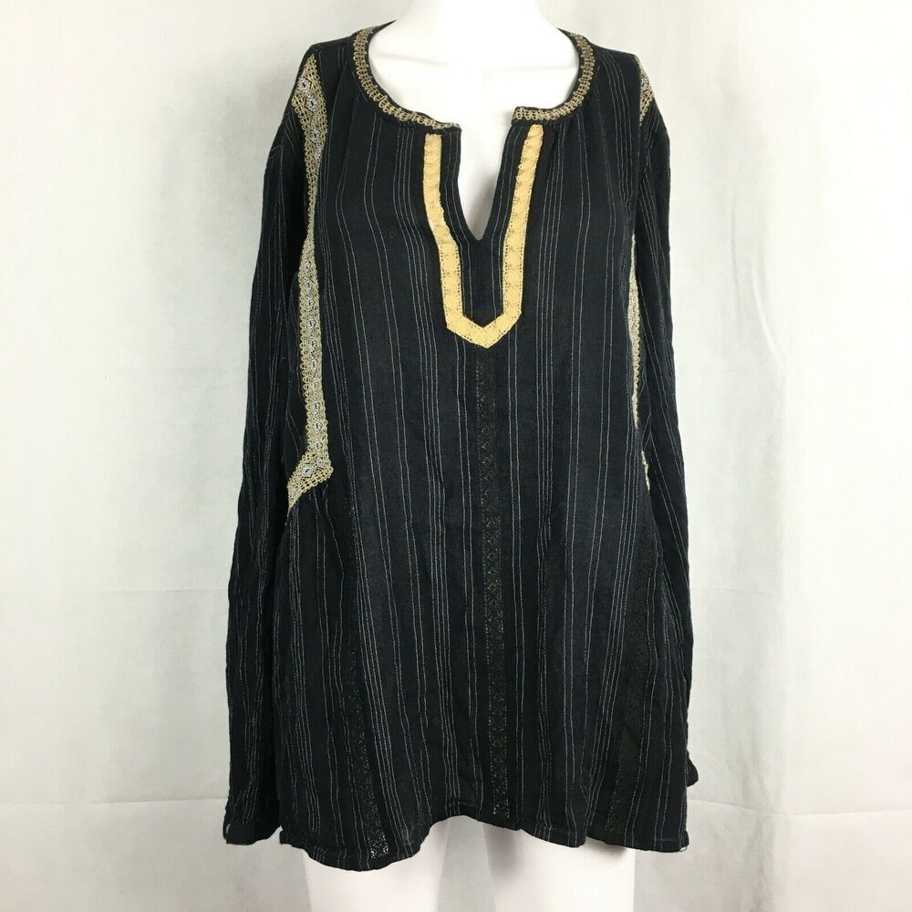 J. Jill Shirt Women Sz XL Black White Striped Gold Embroidered Long Sleeve Tunic